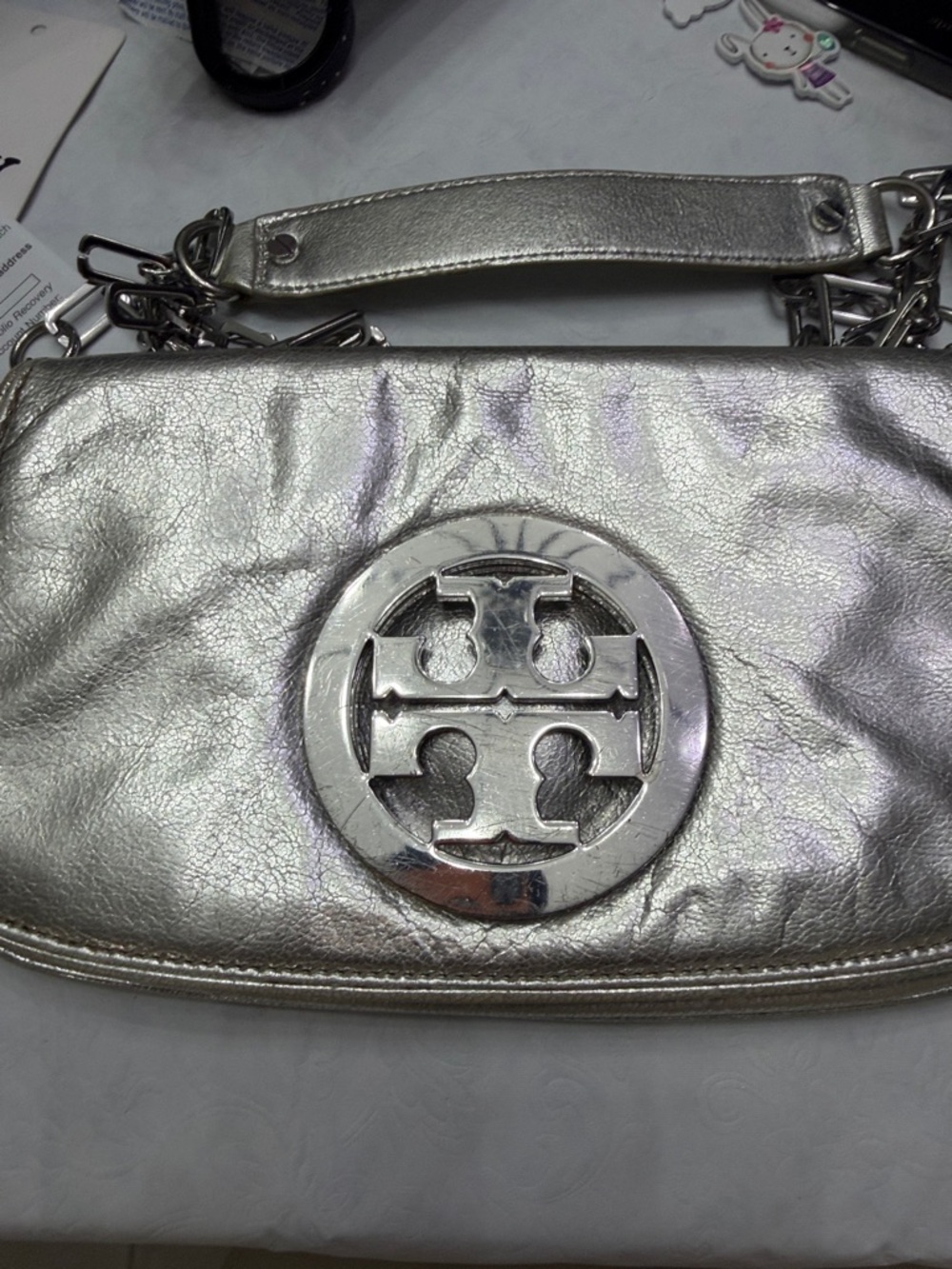 Tory Burch Metallic Silver Logo Crossbody/Wristlet - Picture 2 of 10